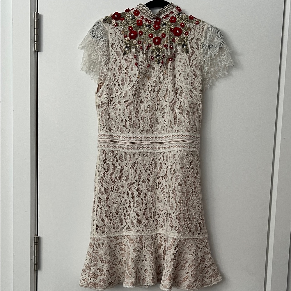 Alice + Olivia Lace Mini Dress with Red Embellishments, size 10